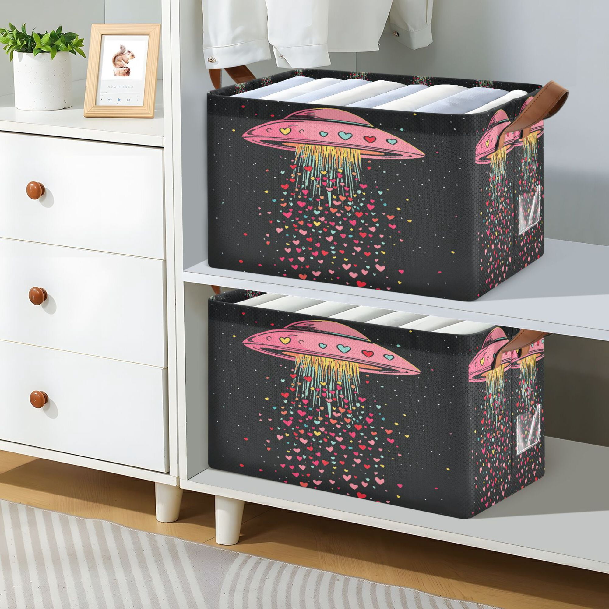 Yayeee Foldable Storage Basket for Shelves Waterproof Cloth Bins with Handles, UFO with Hearts Pattern