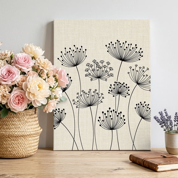 Canvas Wall Art Dandelion Canvas Art Print Spring Country Black Dandelion Floral Linen Texture Pictures Wall Decor for Living Room Bedroom Artwork Decorations Stretched Framed Ready to Hang 16"x20"
