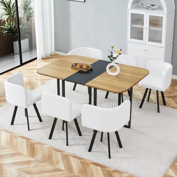 7-Piece Dining Table Set, Black & Wood Grain Table with 6 White PU Upholstered Chairs, Modern Dining Table Set for 6, for Dining Room, Small Space