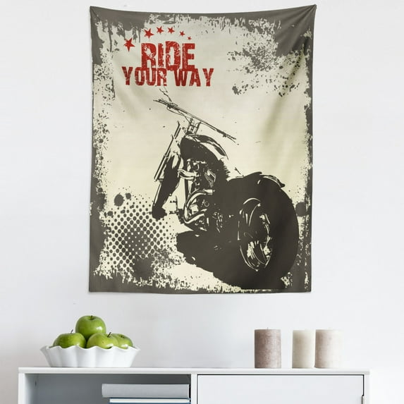 Grey Tapestry, Ride Your Way Words Motorcycle Image Poster Art Print, Fabric Wall Hanging Decor for Bedroom Living Room Dorm, 5 Sizes, Charcoal Grey Maroon, by Ambesonne