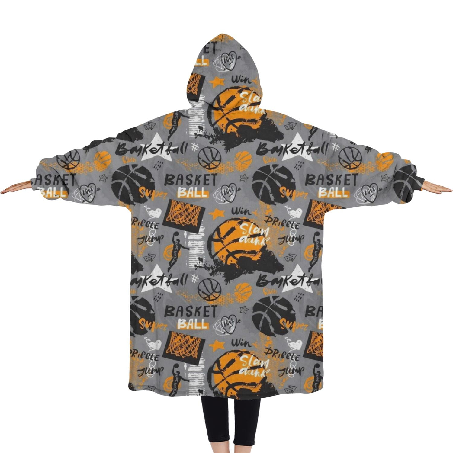 Oversized Wearable Blanket Hoodie,Gray Background Basketball Elements Pattern Sherpa Blanket Hoodie with Super Pockets,Super Warm Fuzzy Pullover for Women & Men