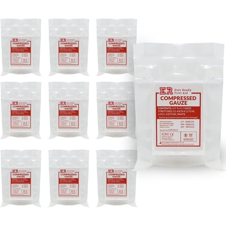 Ever Ready First Aid Compressed Sterile Gauze, 6-Ply Emergency Medical Dressing for First Aid Kits – 4.5” x 4.1 Yards - 10 Pack