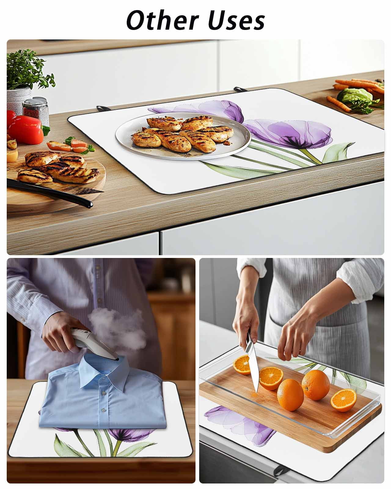 Stove Top Covers for Electric Stove, Purple Tulips Glass Stovetop Cover Protector, Green Leaf Country Flower White Botanical Induction Cooktop Protector Oven Mat for Kitchen Countertop 24"x21"