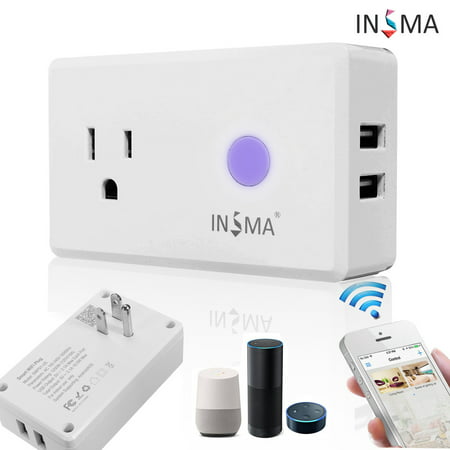 INSMA Dual USB Charger Wi-Fi Smart Outlet Socket Timer Power ON/OFF Phone usb wall outlet APP Alexa Voice Remote Control for ECHO socket outlet ALEXA for GOOGLE (Best Phone For Google Voice)