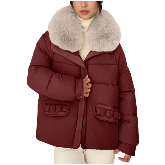 Pounoo Gift Women's Big Furry Collar Puffer Coat Winter Thicken Quilted Puffer Jacket Bubble Coats Outerwear Casual Hooded Jackets Bubble Coats Outerwear