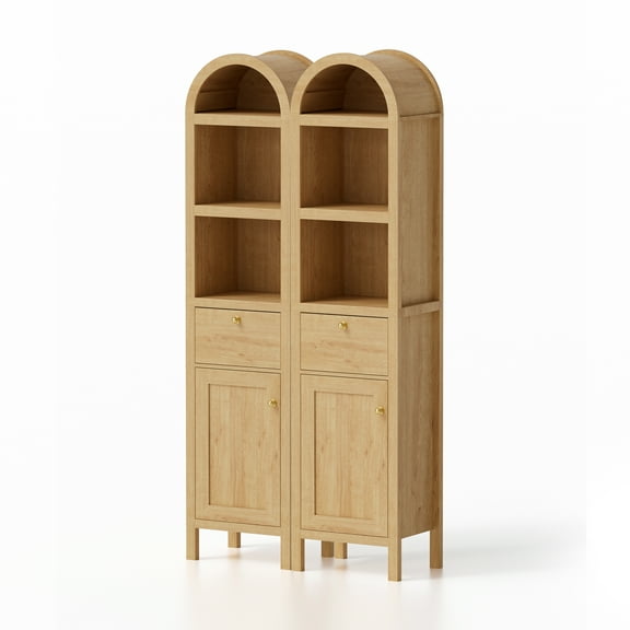 EYYTHUNG 67" Tall Arched Bathroom Narrow Storage Cabinet, Farmhouse Freestanding Tower Cabinet with Door and Drawer, Space Saving Organizer, Natural Oak