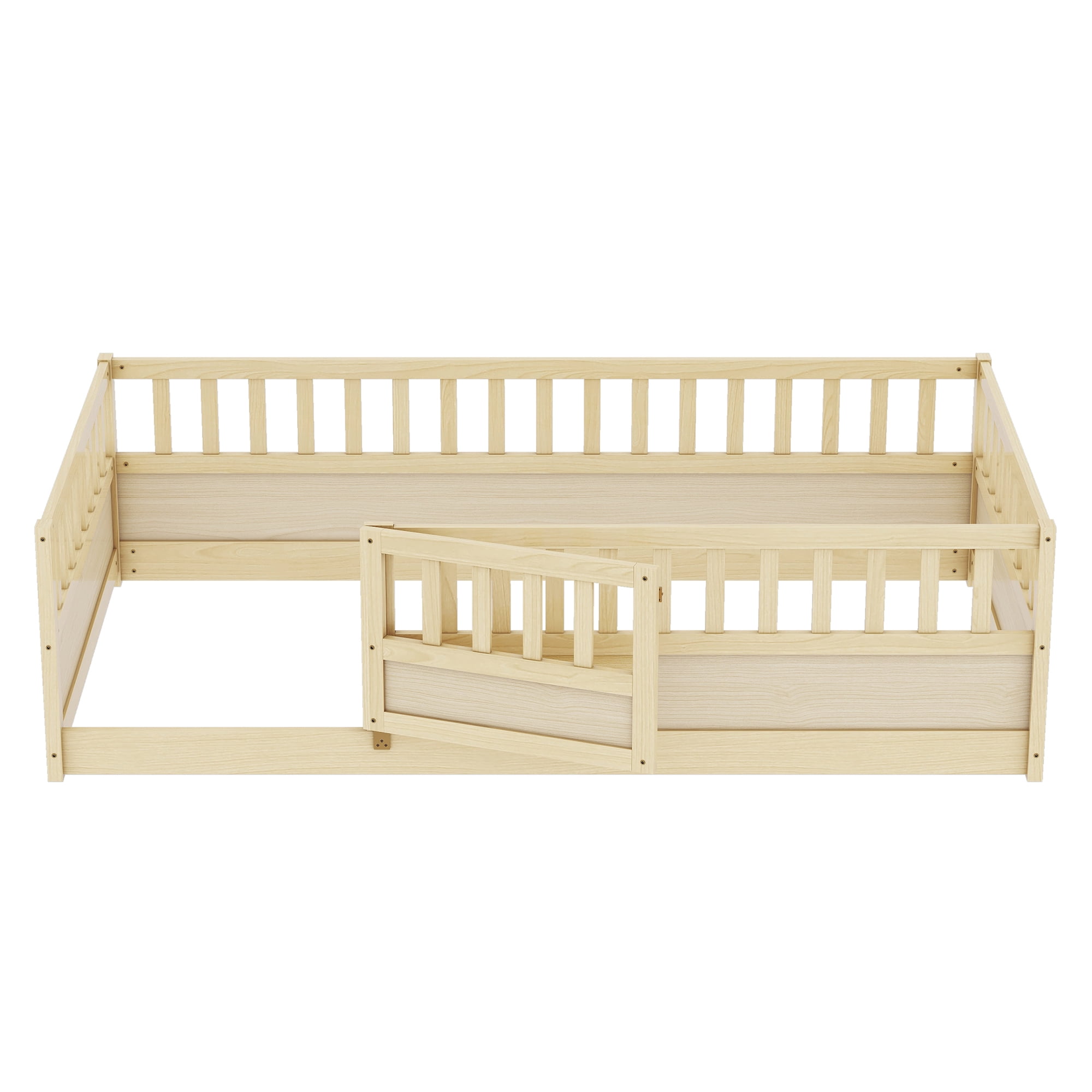Floor Bed, Low-Profile Bed Frame, Twin Size Bed with Integrated High Safety Barrier and Door, Solid Pine Wood Construction, for Home Use, Natural Wood
