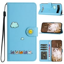 Phone Case for Google Pixel 6a, Folding Faux Leather Cute Animal Pattern Wallet Flip Cover with Card Holder & Wrist Strap, Magnetic Closure Shockproof Kickstand Phone Case - Blue