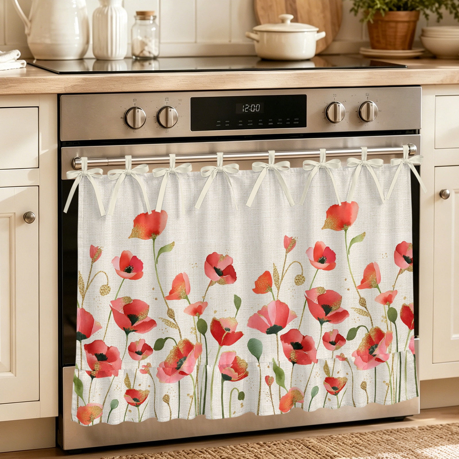 Oven Skirt Curtain for Kitchen 24x32 Inch Red Poppy Oven Curtain with 8 Ribbon Ties & Ruffle Trim Stove Skirt Curtain Dishwasher for Cabinets Over Sinks Spring Summer Flowers Botanical Rustic