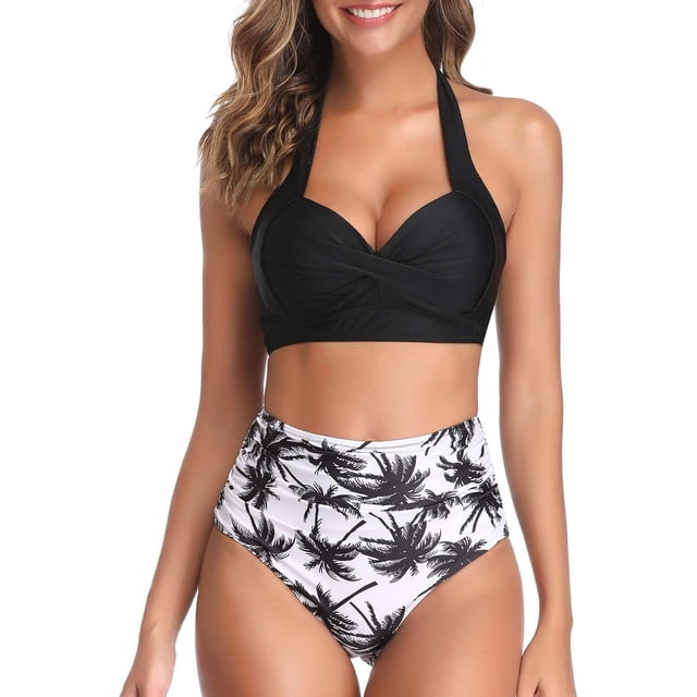 Traje de baño vintage para mujer, bikini retro de dos piezas con cuello halter fruncido y cintura alta