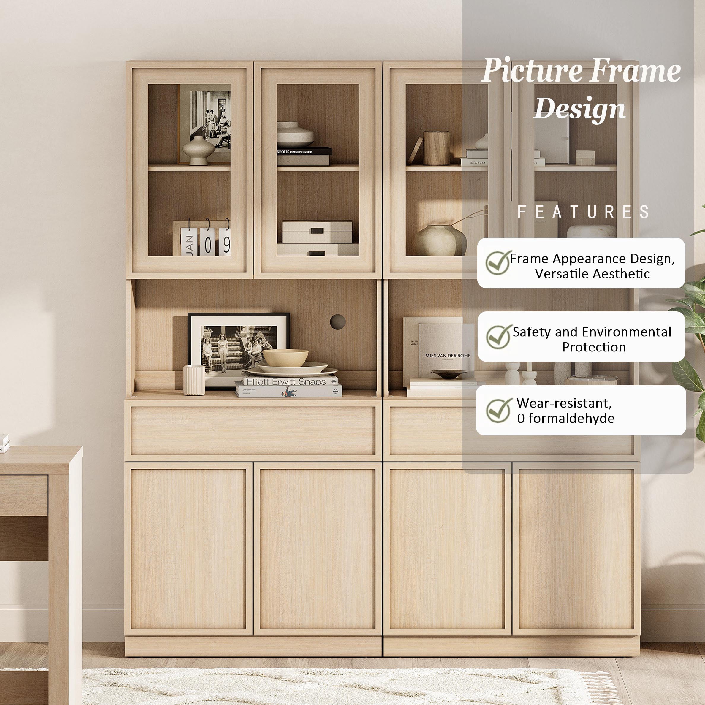 Modern Wood Sideboard Buffet with Glass Doors, Drawers & Adjustable Shelves, 72" Tall Glass Display Storage Cabinet,Beige