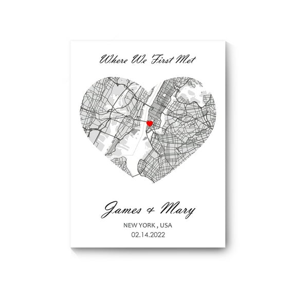 Where We First Met Map, Custom Canvas Print Couple Gift, Personalized Map Print Anniversary Wedding Gift For Her/Him