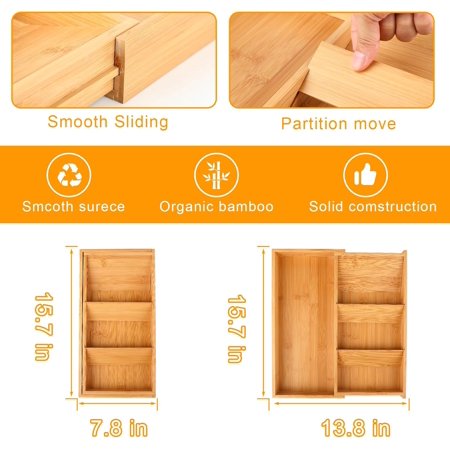 XINDUO-Silverware Drawer Organizer with Expandable Tray for Kitchen Drawer Adjustable Compact Plastic Kitchen Utensil Storage for Spoons Forks Knives Easy to Access & Clean (bamboo standard)
