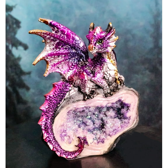 Metallic Purple Iridescent Wyrmling Dragon On Faux Geode Crystal Rock Figurine