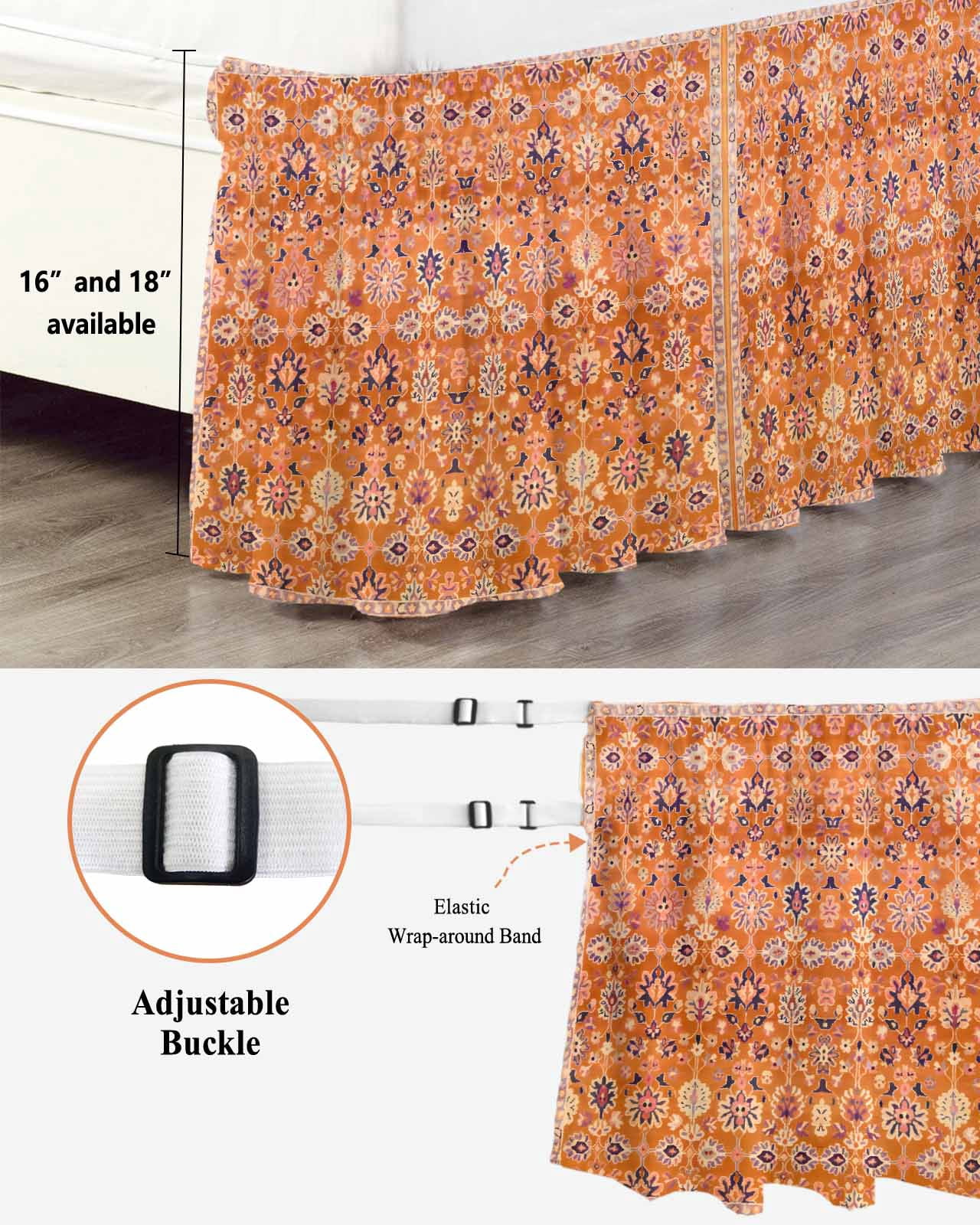 Boho Orange Wrap Around Bed Skirts for King Bed 18" Drop,Bed Skirt with Adjustable Elastic Belt Dust Ruffle Bed Valance for Bedroom Hotel Country Style Bohemian Floral Retro Tribal Bed Frame Cover