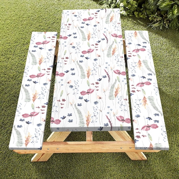 Rustic Wildflower Picnic Table Cover with Bench Covers,Fits for Table 30"x72" Rectangle,Water Proof,Floral Design