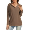 thumbnail image 6 of Hoodies for Women Waffle Knit V Neck Oversized Sweatshirt Button Down Drawstring Hooded Pullover Tops for Fall 2025 Brown S, 6 of 6