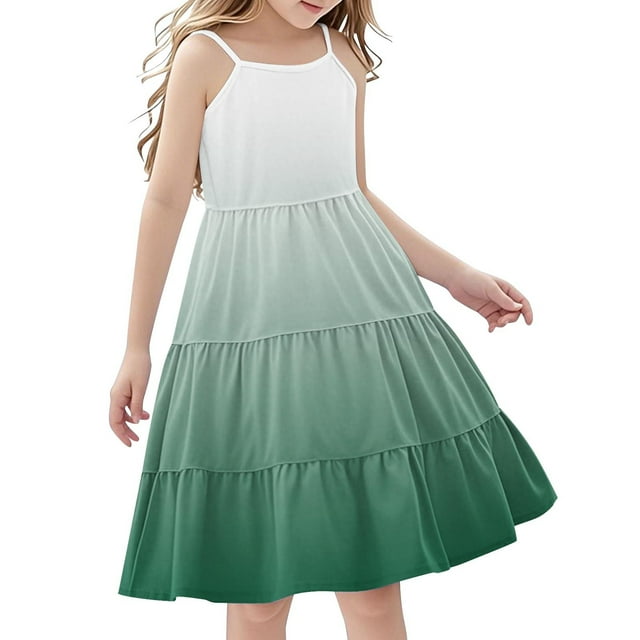 Bwiyojiz Tailles Mode 110-160 Robe Sans Manches à Col Rond Longueur Genou Robe d'Été pour Tout-Petite Fille Boho à Bretelles Décontractée à Étages Cami Robes pour 4-14 Ans, 7 Ans, Cadeaux pour la Maison, Vert