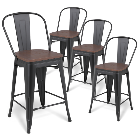 Magshion Modern Metal Dining Side Chairs Set of 4, Stackable Metal Chairs with Wooden Seat, Black