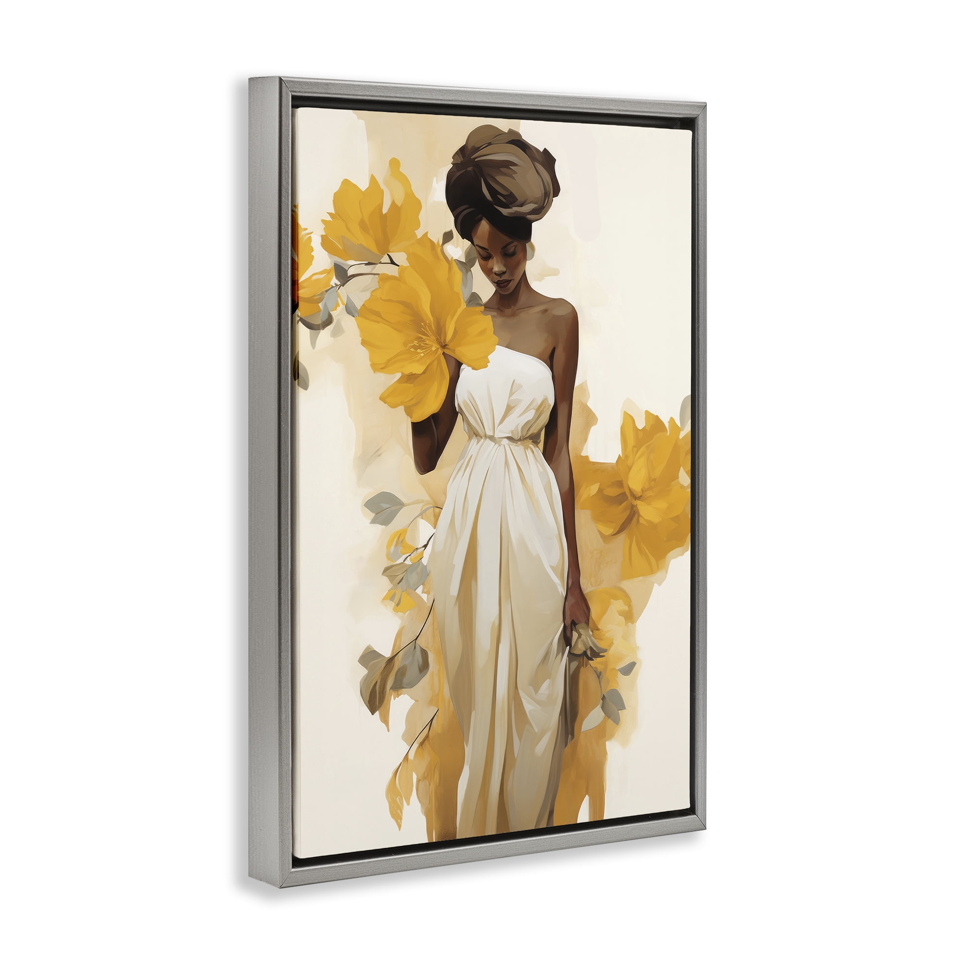Stupell Industries Elegant Floral Woman People Painting Gray Floater Framed Canvas Art Print Wall Art, 17 x 25