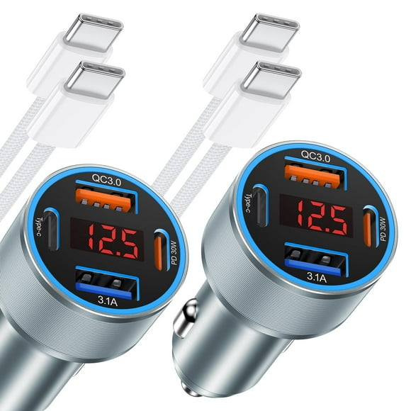 Cargador de coche Avatcen de 65 W y 4 puertos USB C con cable de 2 x 1,8 m para iPhone