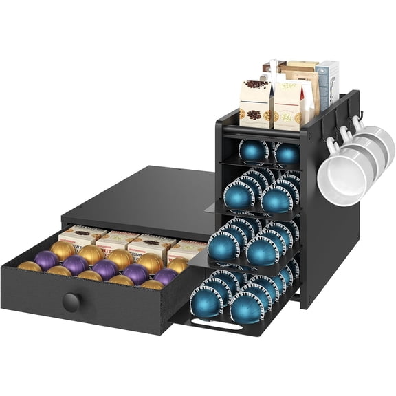 Coffee Pod Drawer Holder 4 Tier for Vertuo, 72 Pods Large Capacity Coffee Station Organizer with Storage Drawer & 3 Hooks Black