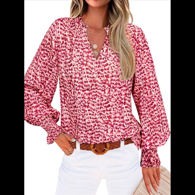 Blusa de Estilo Bohemio con Cuello en V y Mangas Largas, Estilo Floral, Informal, Holgada, de Verano, con Mangas Abullonadas para Mujer. Rojo M
