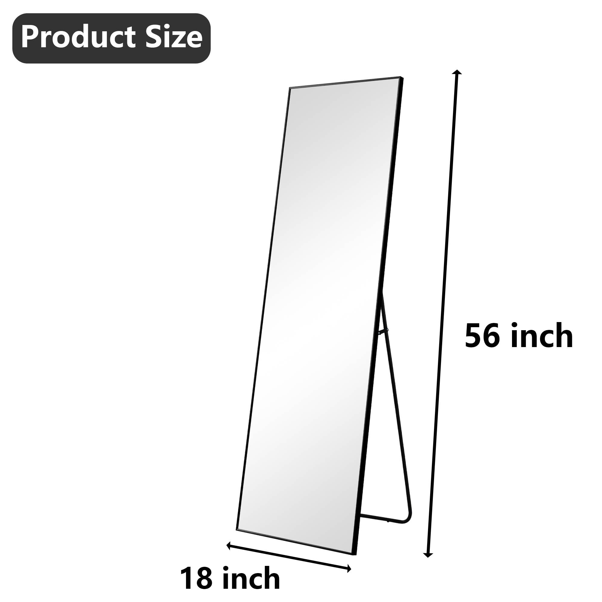 MAYEERTY 56x18in Aluminum Full-Length Mirror, Right Angle Tempered Glass With Stand, Black