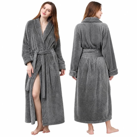 AMITOFO Fleece Robe for Women Soft Warm Long Plush Bathrobe Slim Elastic Waist Sleepwear Housecoats