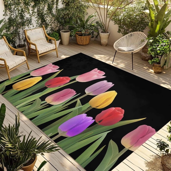 Easter Tulip Outdoor Rug for Patio/Deck/Porch, Non-Slip Large Area Rug 6 x 9 Ft, Spring Watercolor Country Flower Plant Indoor Outdoor Rugs Washable Area Rugs, Reversible Camping Rug Carpet Runner