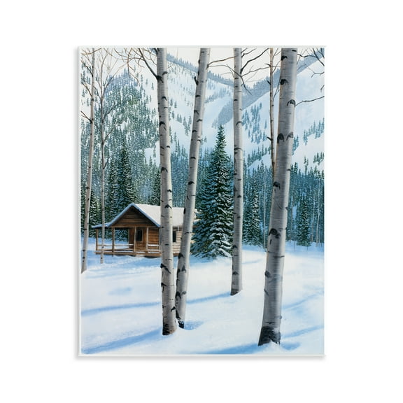 Stupell Industries Snowy Cabin Through Birch Landscape Painting Unframed Art Prints Wall Art, 11 x 14