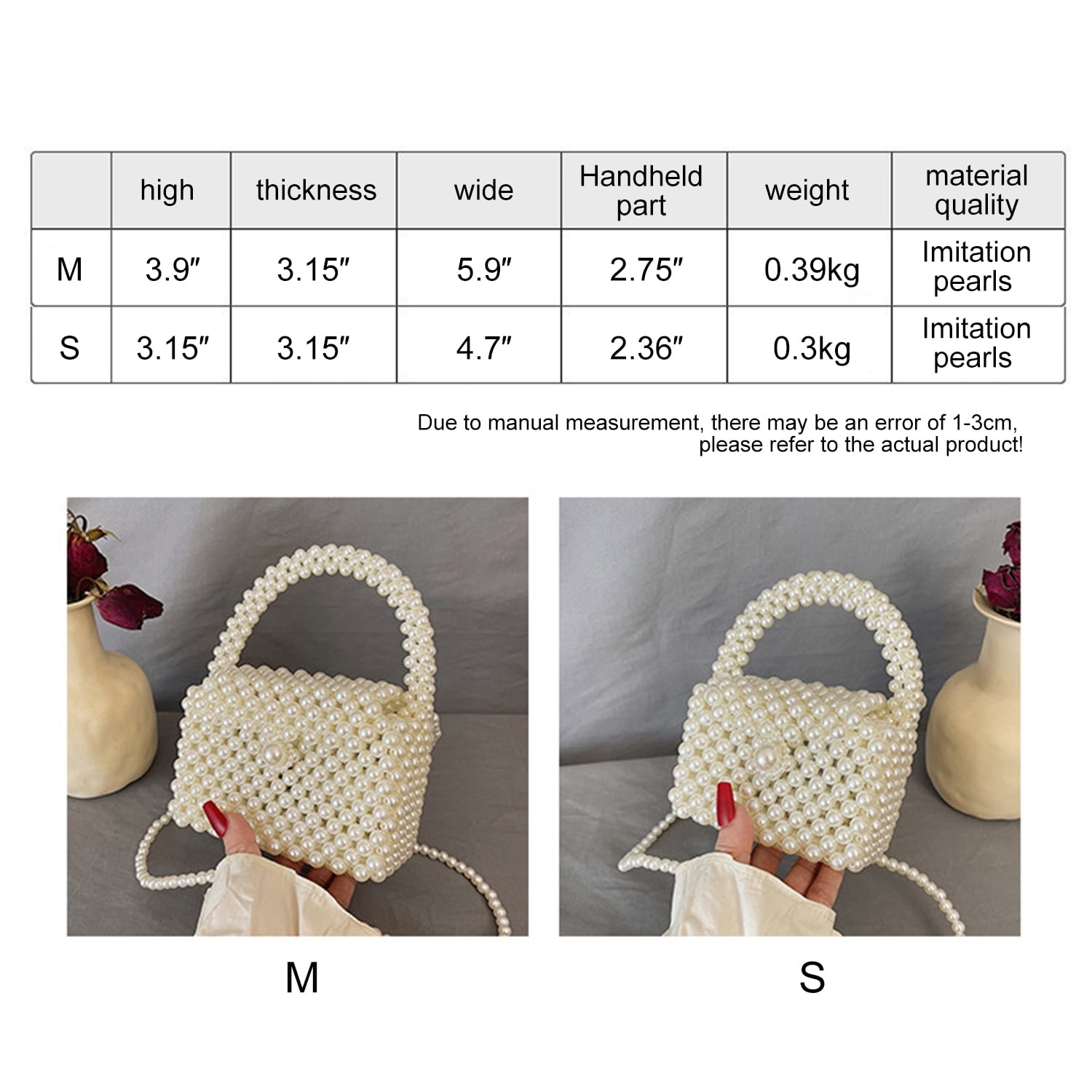 Frgharo Beaded Handbag for Women White Pearl Decoration Evening Bags with Detachable Chain Inner Bag &M Size