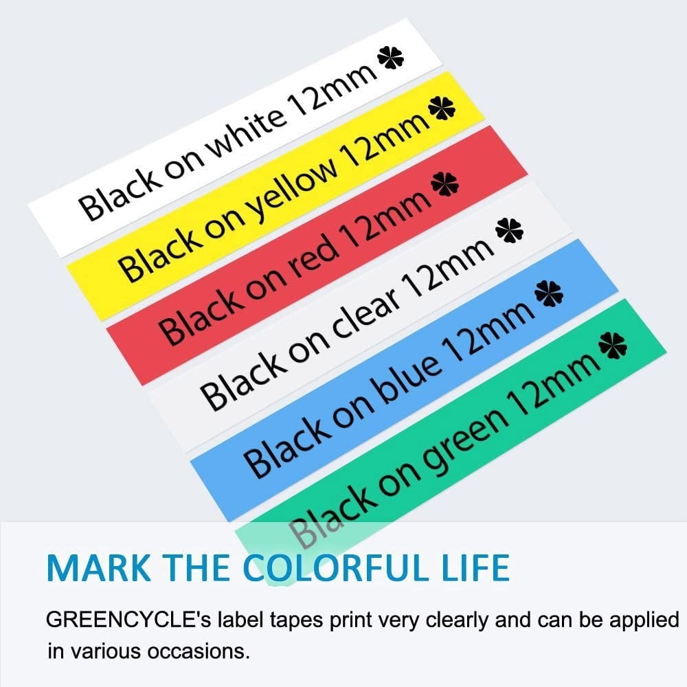 GREENCYCLE 8PK Compatible for Brother P-touch TZe 131 231 431 531 631 731 831 931 12mm Black on Clear White Red Blue Yellow Green Gold Silver Laminated Label Maker Tape