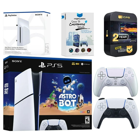 Sony PlayStation 5 Astro Bot Slim Digital Bundle with Disc Drive, Extra Controller, MightySkins Voucher and 2 Year Extended Warranty - Chroma Pearl