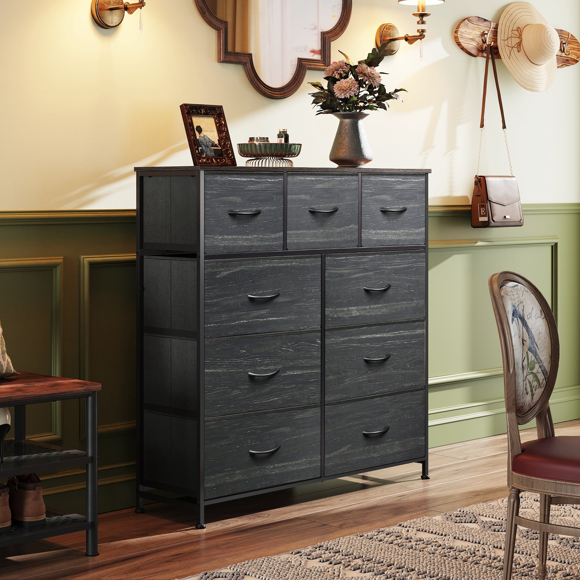 GALAXHERO 9-Drawer Fabric Dresser, Tall Storage Tower for Bedroom, Entryway, Closet, Chest Organizer Unit with Fabric Bins, Steel Frame, Wood Top, Easy Pull Handle, Charcoal Black Wood Grain Print