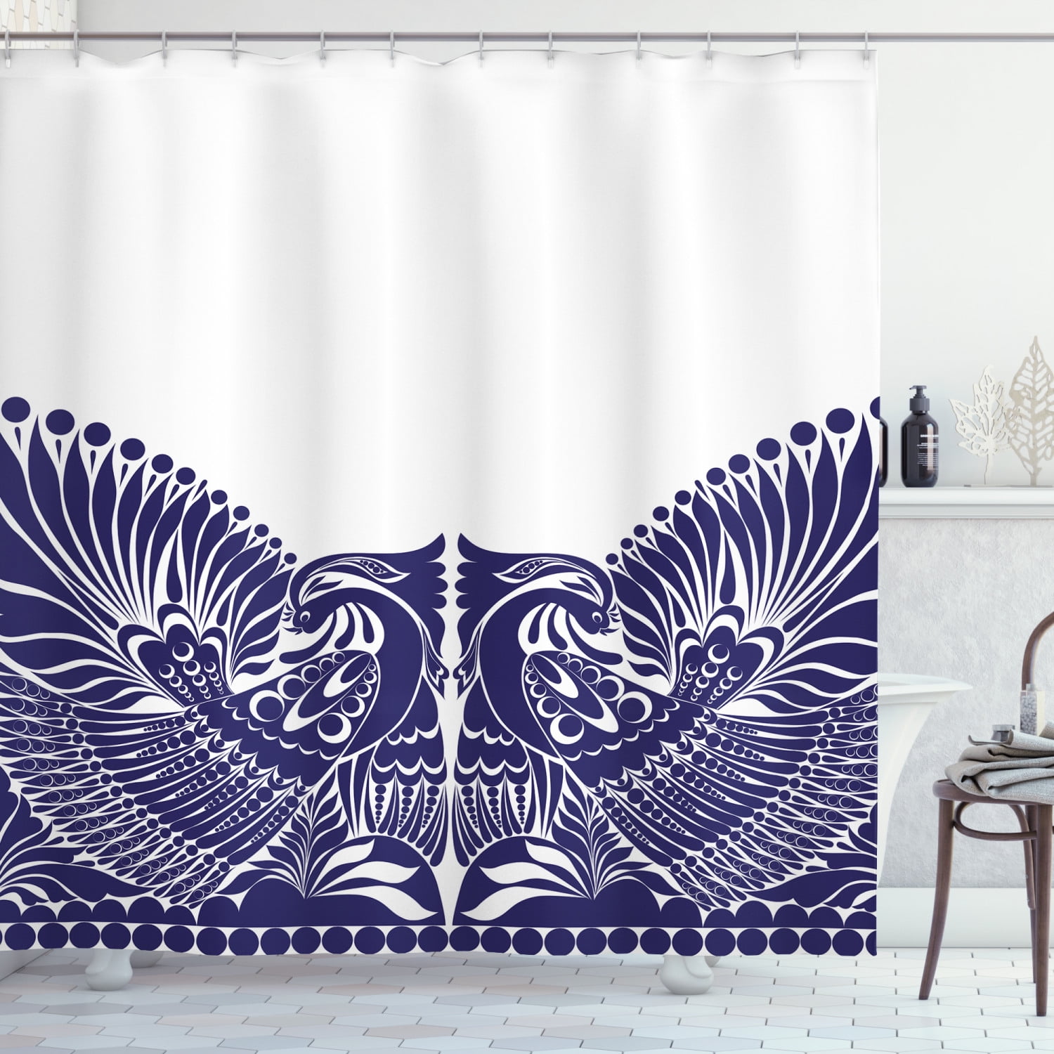 Folk Art Shower Curtain, Polish Inspired Monochromatic Ornament with