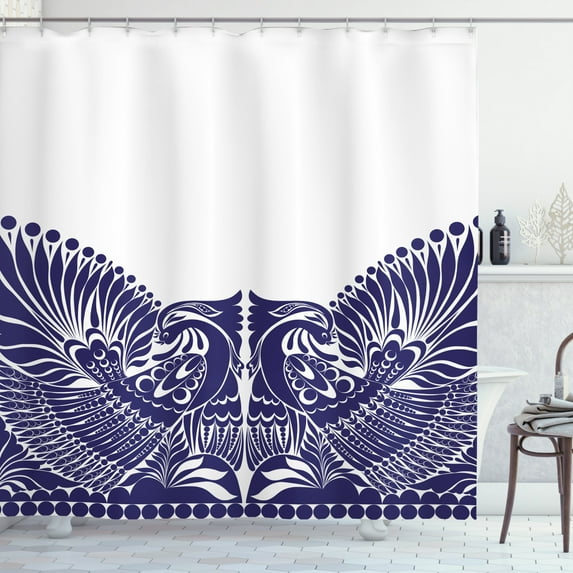 Folk Art Shower Curtain, Polish Inspired Monochromatic Ornament with Flourish Abstract Bird Graphic, Fabric Bathroom Set with Hooks, 69W X 70L Inches, Indigo and White, by Ambesonne