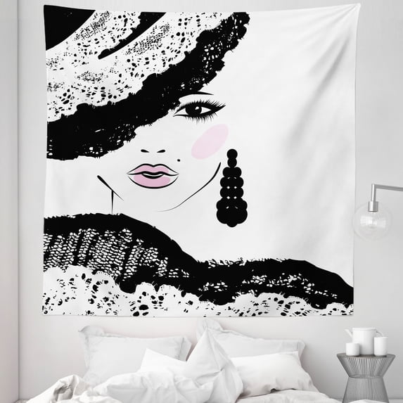 Teen Room Tapestry, Baroque Abstract Woman Face and Patterned Hat Old Fashioned Design, Fabric Wall Hanging Decor for Bedroom Living Room Dorm, 5 Sizes, Charcoal Grey Pale Pink, by Ambesonne