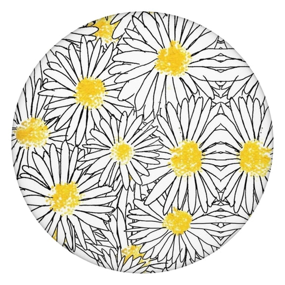 Spring Floral Round Tablecloth with Elastic Edge, Daisy Print for Indoor Outdoor Kitchen Dining Use, Fits 44-52 Inch Tables
