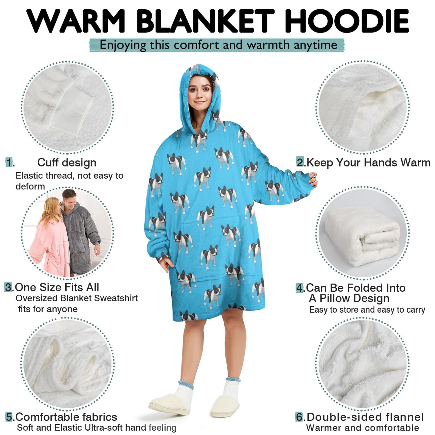 French Bulldog Wearable Oversized Blanket,Wearable Blanket Hoodie for Adults,Cozy Hooded Blankets with Super Pockets,Super Warm Fuzzy Pullover for Women & Men