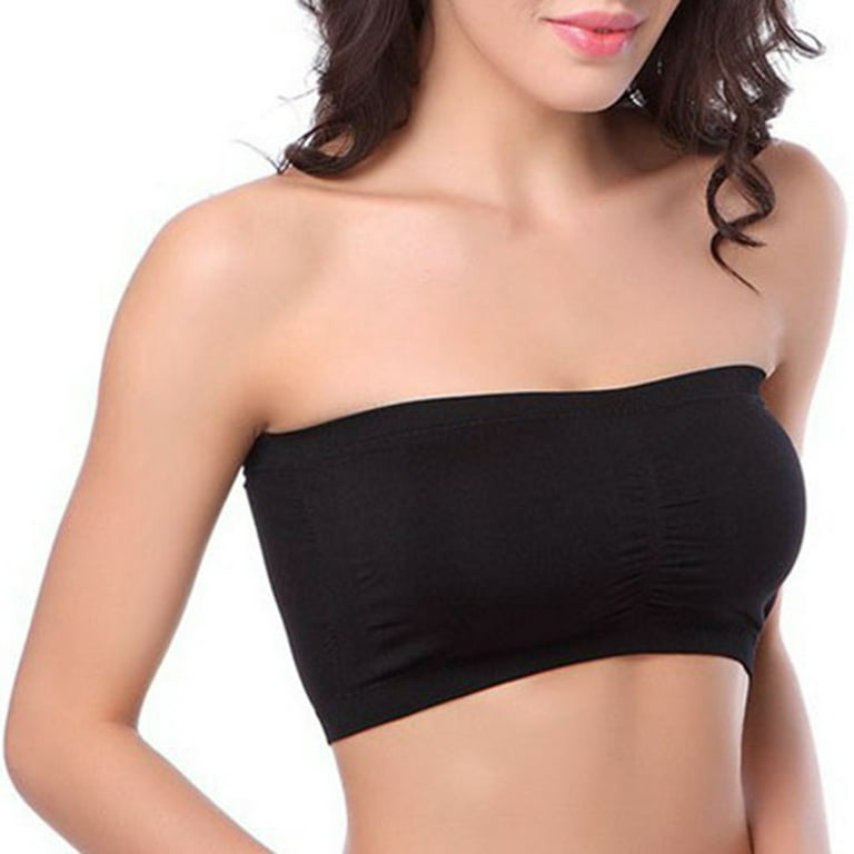 Grofry Women Solid Color Padded Tube Top Bandeau Strapless Bra Brassiere  Chest Wrap Black 2XL