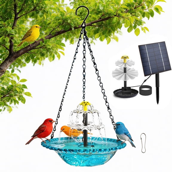 Solar Cascade Hanging Bird Bath Fountain, 2026 New Outdoor Hanging Bird Bath with Solar Fountain, Large Humming Birds Baths Fountains, with Solars Pump & Glass Bowl, for Outdoor, Gardens