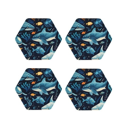 

Honeii Playful Whales Underwater Scene Print Leather Coaster Set of 4 Ideal for Safeguarding Your Furniture from Drinks Spills and Effortless Cleanup-Hexagon