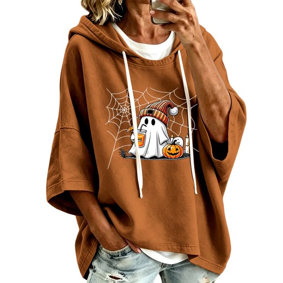 Womens Halloween Hoodies Thin Ghost Pattern Print 3/4 Sleeve Holiday Party Pullover Sweatshirt Tops Fall Warm Apparel Coffee L