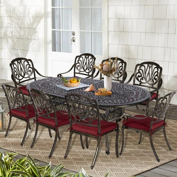9-Piece Patio Cast Aluminum Dining Set, Outdoor Dining Furniture Set for 8 Person, Includes 84" Oval Table and 8 Cushioned Chairs with Umbrella Hole for Patio Deck Garden, Red