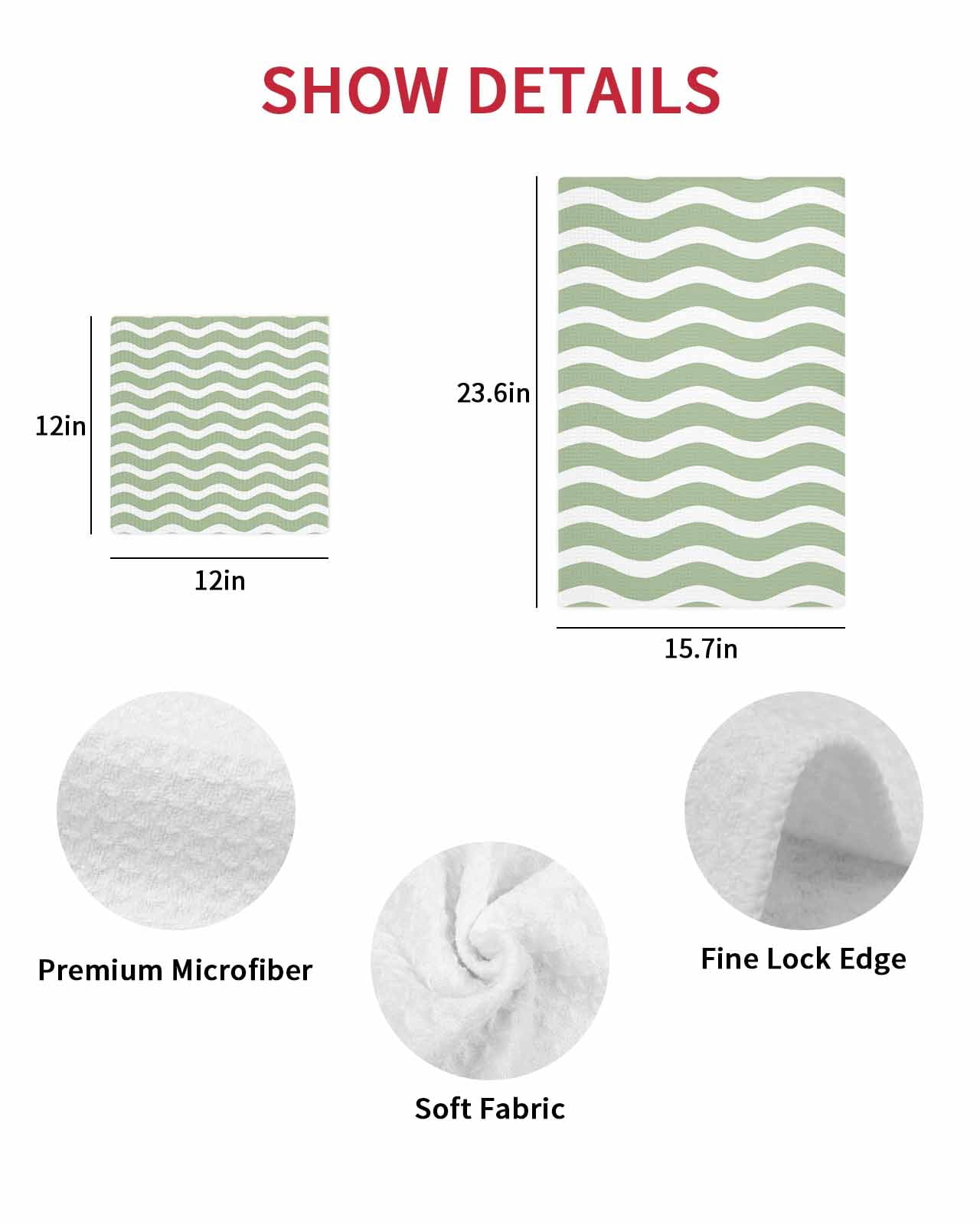 Sage Green Kitchen Dish Towels for Drying Dishes Set of 3, Modern Abstract Waves Water Ripple Striped Waffle Weave Microfiber Terry Hand Tea Bathroom Towels Quick Dry & Absorbent Towel 12x12