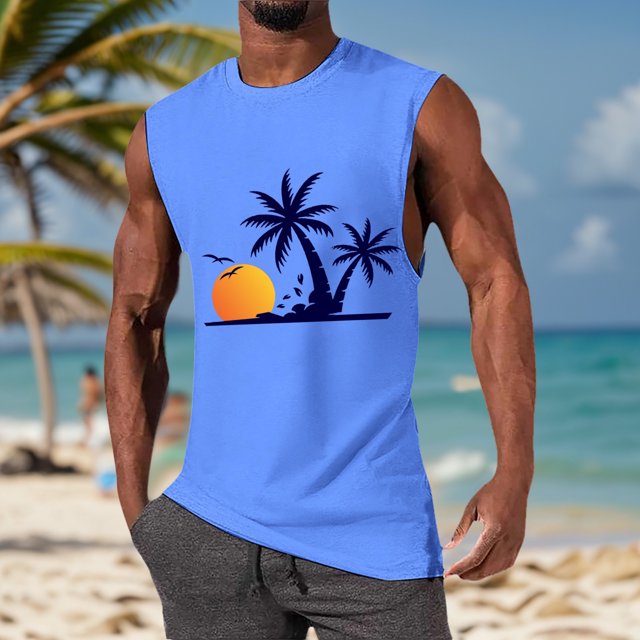 HUITKMM Tank Top Men's Summer Fashion Coconut Sunset Vest Design Wind Vest