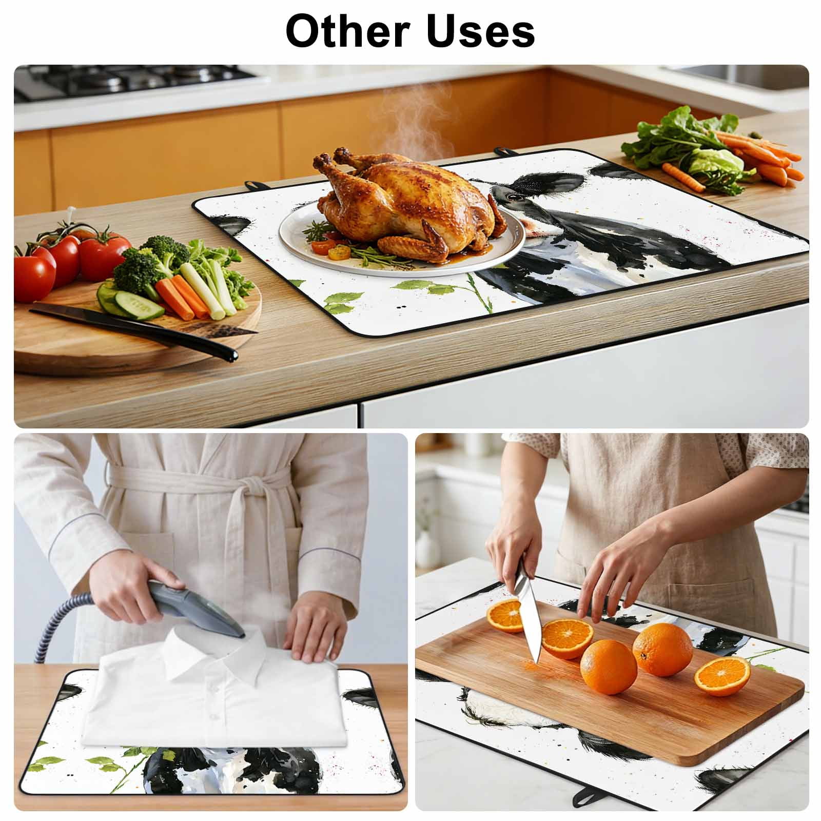 Black White Cow Stove Top Cover for Electric Stove, Heat-proof & Non Slip Glass Top Stove Cover Protector, Spring Farmhouse Animals Printed Red Floral Kitchen Flat Cooktop Rubber Mat 24x21 Inches