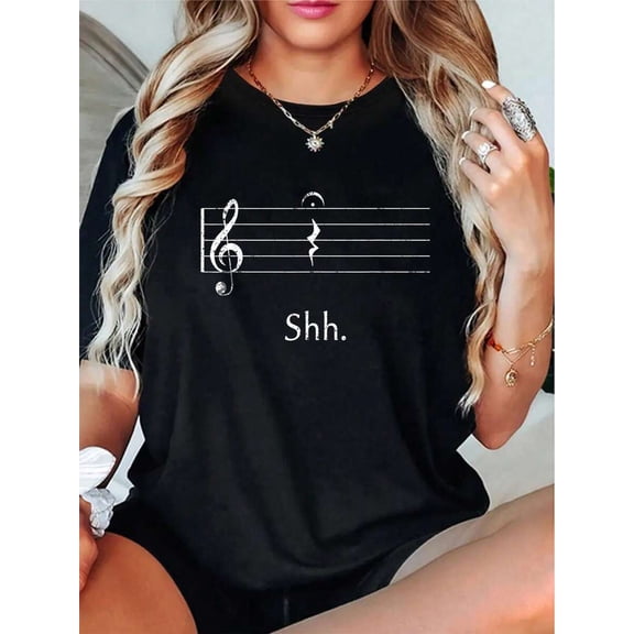 【New Arrival】Shh Music Rest Note Treble Clef Funny Musician Graphic T-Shirt, Women Music Lover Casual Short Sleeve Tee