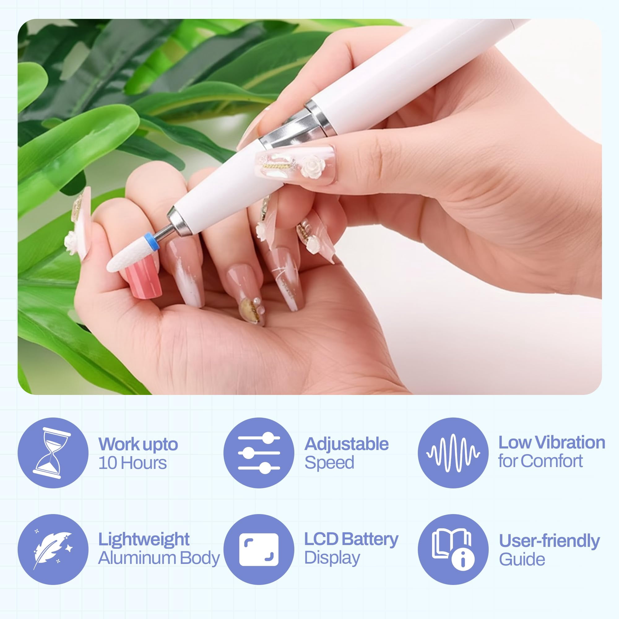 M GEM - Professional Brushless 35k RPM Nail Drill E-File - 3 Adjustable RPM Zones, Forward/Reverse, Long Battery Life - Salon-Grade Nail Care Tool (White)